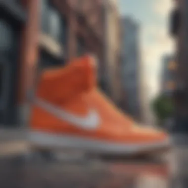 High top Nike sneakers displayed against a vibrant urban backdrop