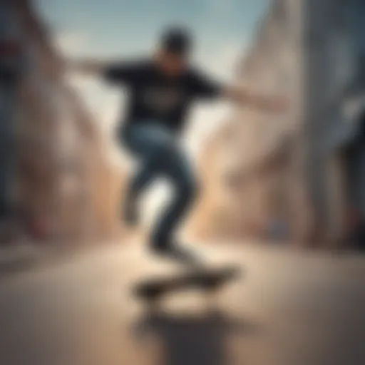 A skateboarder performing a trick with a cross pendant visible