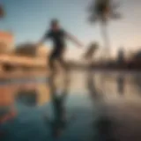 Dynamic surfskating action on a vibrant beachside boardwalk