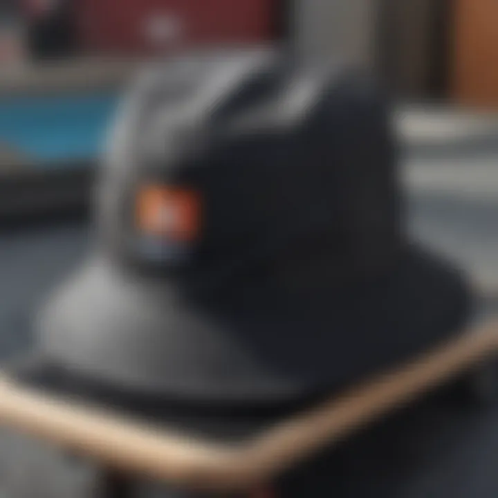 Close-up of a large black bucket hat on a skateboard