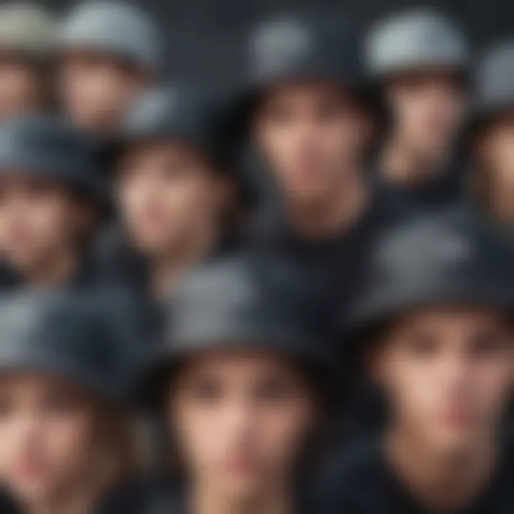 Group of skaters showcasing various styles including the large black bucket hat