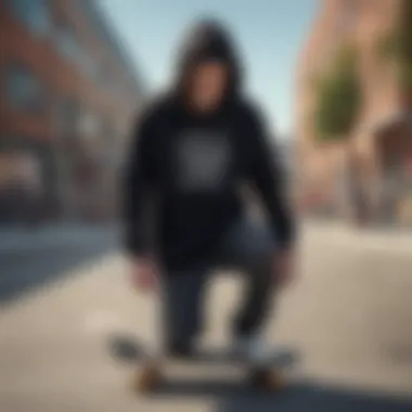 A skateboarder wearing the Levi black hoodie in an urban skate park, embodying the essence of skate culture.