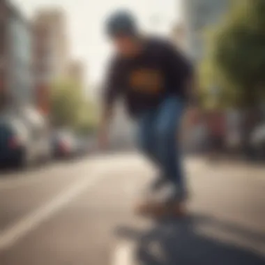 A skateboarder enjoying music with earbuds while riding.