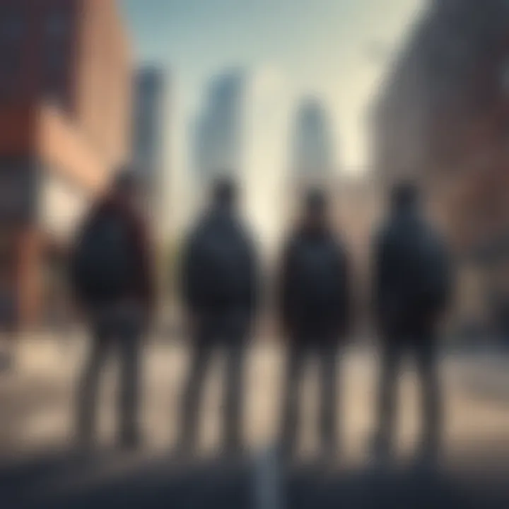 Group of skateboarders with black backpacks in urban setting