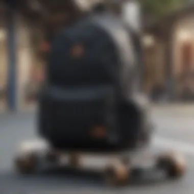 Sleek black backpack resting on a skateboard