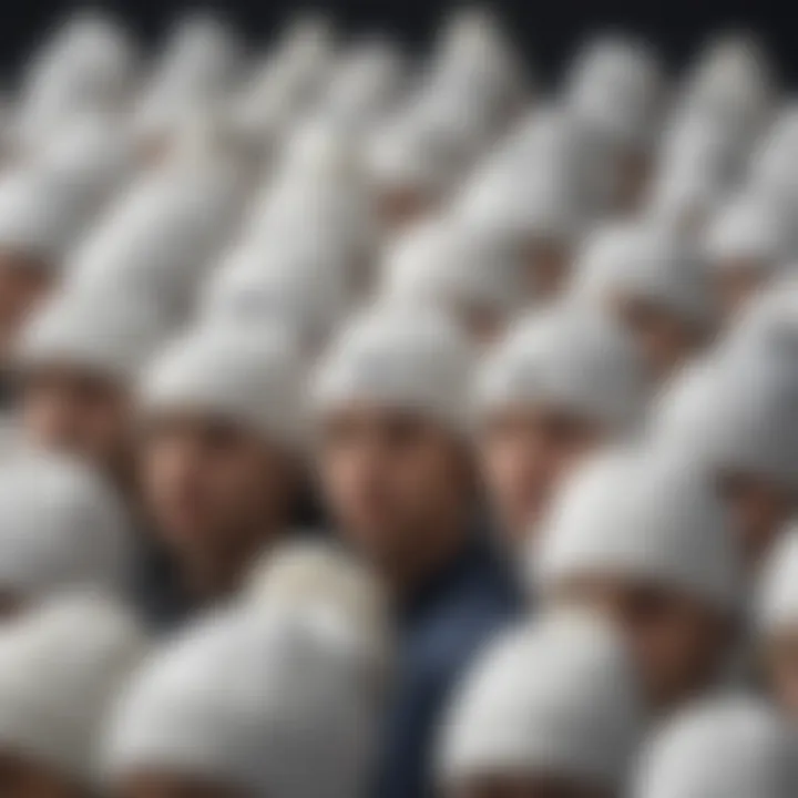 A collection of different styles of white beanies displayed together, highlighting variety.