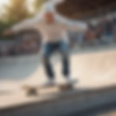 A skateboarder wearing a white beanie while performing a trick at a skate park.