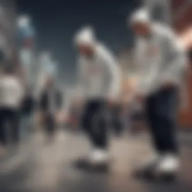 An urban setting featuring individuals in skate attire, prominently wearing white beanies.