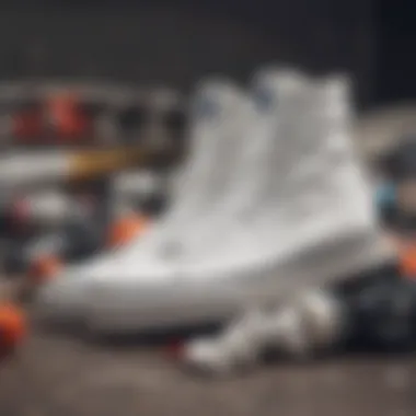 An artistic representation of white Vans socks amidst skateboarding gear.