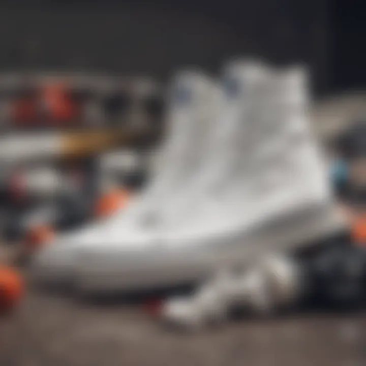 An artistic representation of white Vans socks amidst skateboarding gear.