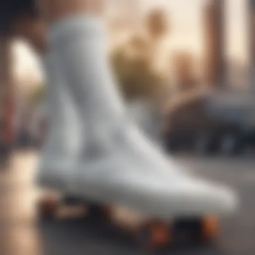 A close-up shot of white Vans socks paired with skate shoes on a skateboard.