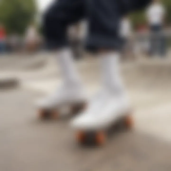 A group of skateboarders showcasing their fashion with white Vans socks at a skatepark.