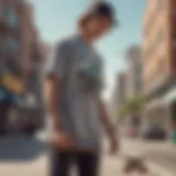 A skateboarder showcasing an elongated t-shirt in an urban environment.