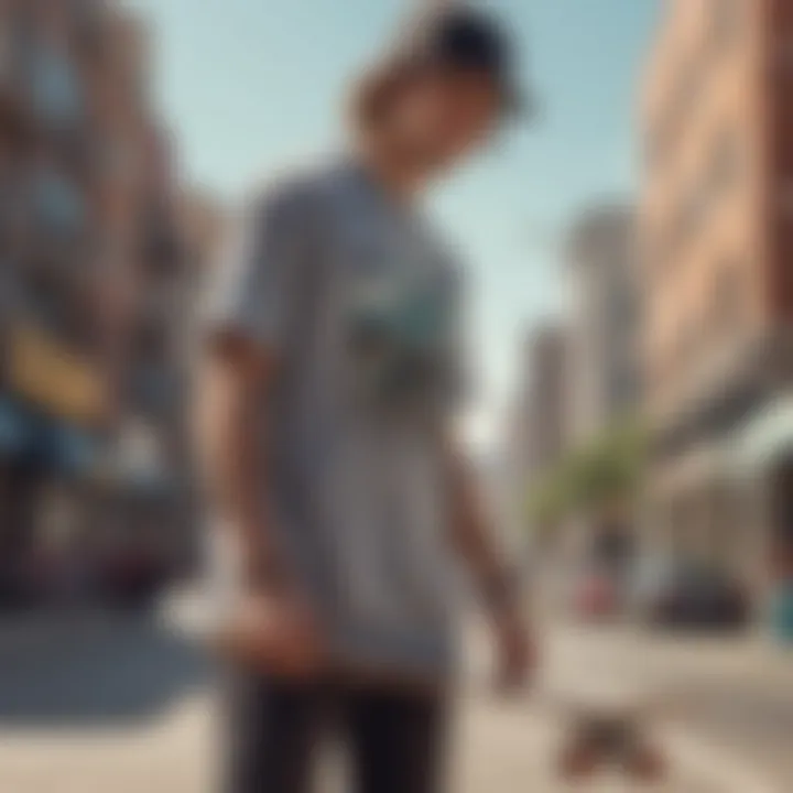 A skateboarder showcasing an elongated t-shirt in an urban environment.