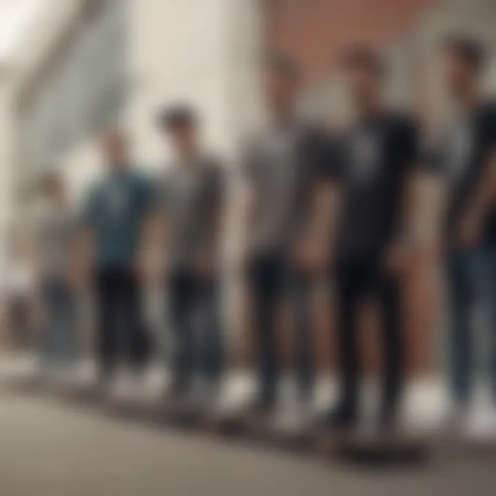 Group of skateboard enthusiasts wearing various styles of elongated t-shirts.