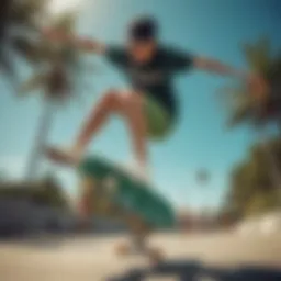 Dynamic skateboarder in vibrant green board shorts performing a trick