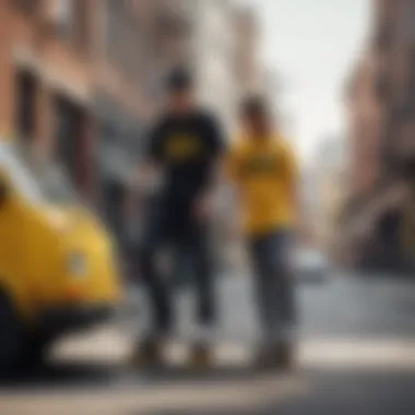 Skateboarders wearing the black and yellow Vans shirt in a dynamic urban setting