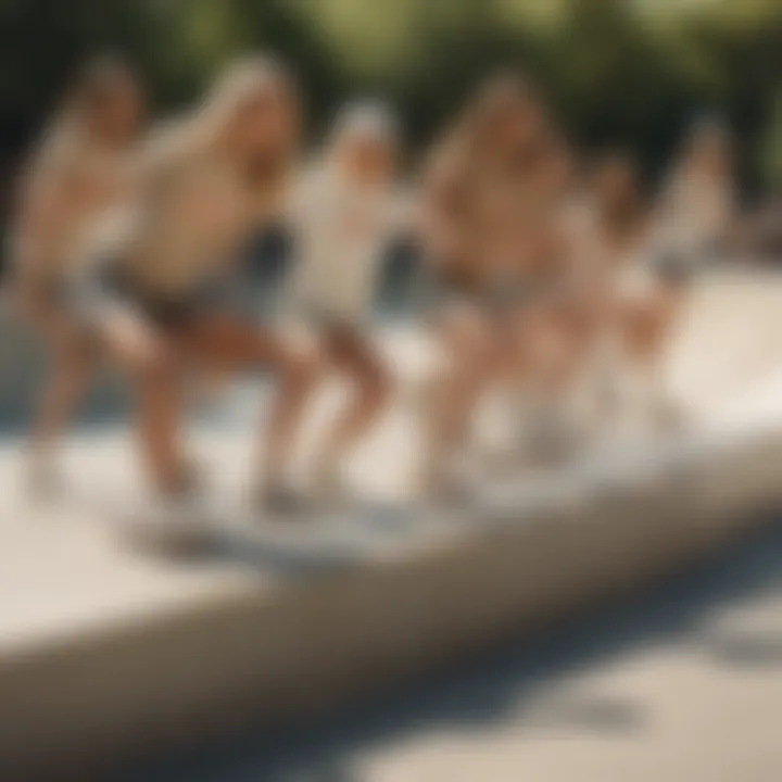 Group of skaters in khaki Vans at a skate park