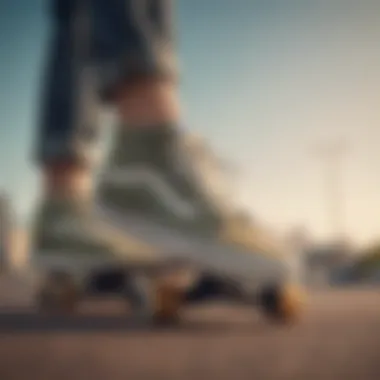 Stylish pair of khaki Vans on a skateboard