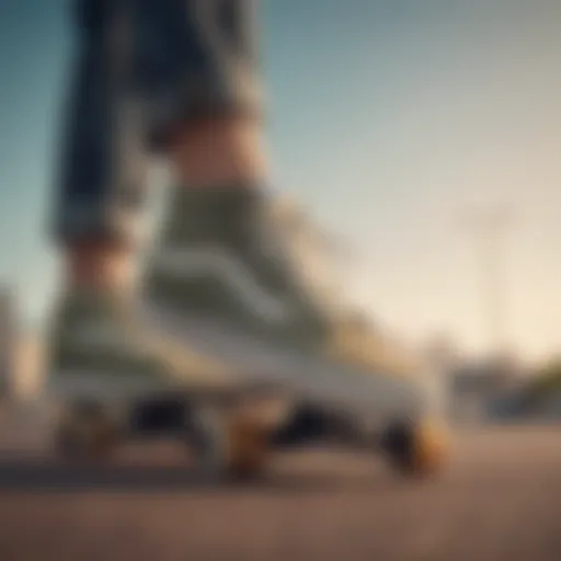 Stylish pair of khaki Vans on a skateboard