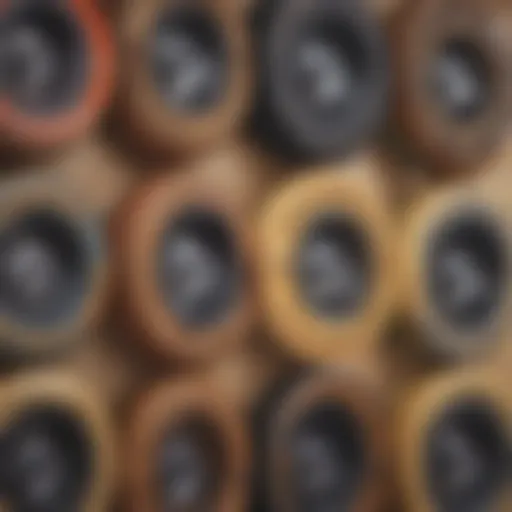 Close-up view of longboard wheels showcasing different diameters and designs