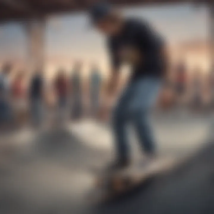 A group of skateboarders wearing LRG apparel at a skate park