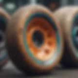 Detailed view of skateboard wheels showcasing different designs