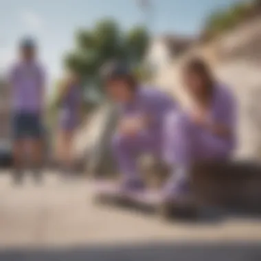 A group of skateboarders wearing lavender checkered Vans in an urban setting.