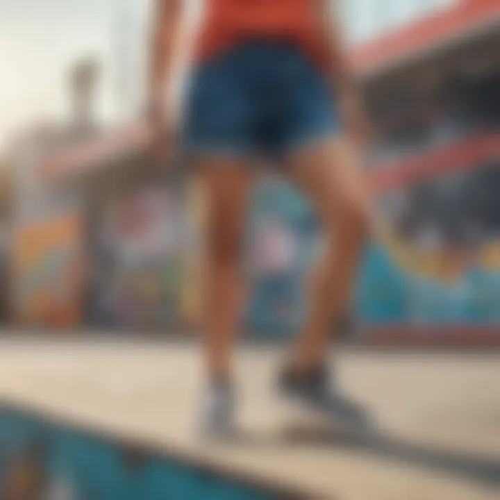 Stylish Vans shorts displayed in a vibrant skate park setting.